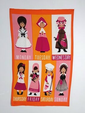 Vintage 1970s Ulster Irish Linen Monday's Child Tea Towel, Retro Nursery Rhyme